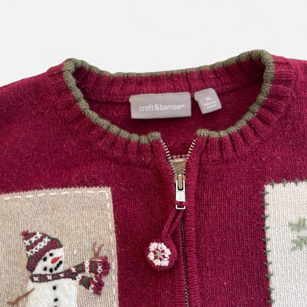 Croft & Barrow Burgundy Knit Embroidered Patchwork Snowman Winter Cardigan XL - Picture 3 of 8